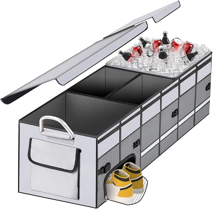 HAMOPY Car Trunk Organizer and Storage with Separate Compartment for 1 Pair of Shoes, Heavy Duty with Lid & Removable Leakproof Cooler Bag, Collapsible Large Trunk Organizers for SUV Sendan (Grey)