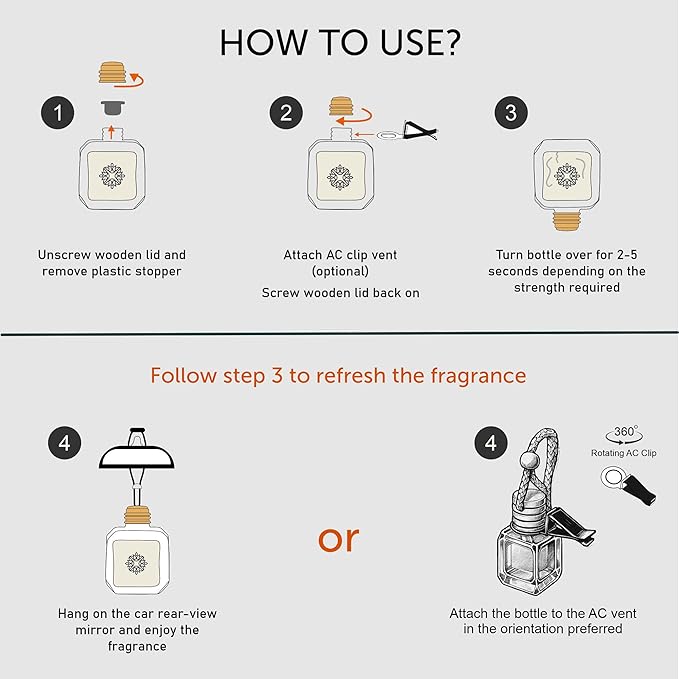 Amber Vanilla Hanging Air Freshener for Car, Home | with AC Vent Clip |10ml, 0.34 fl.oz|Luxury, Organic, Toxin-Free, Alcohol-Free Perfume|Interior Accessory for fresh Aroma|Long Lasting Fragrance