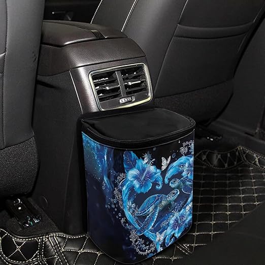 Sea Turtle Car Trash Can Leak Proof Trash Bag with Lid and Zipper Tropical Floral Portable Collapsible Garbage Can Multipurpose Storage Organizer