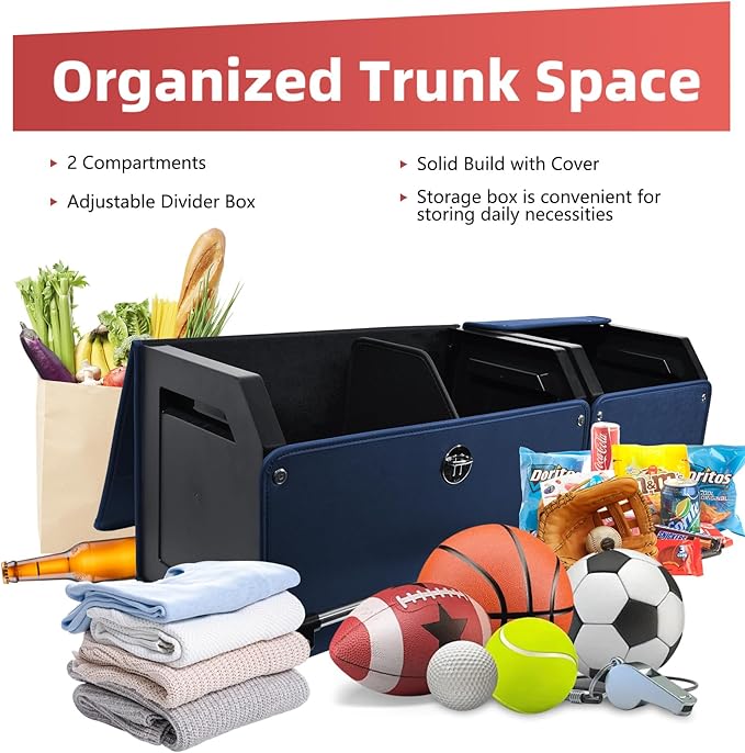 Car Trunk Organizer, Leather Trunk Organizer for SUV with Lid and Sturdy Handle Collapsible Adjustable Storage (Blue, 33 x 11.4 x 12.2in)