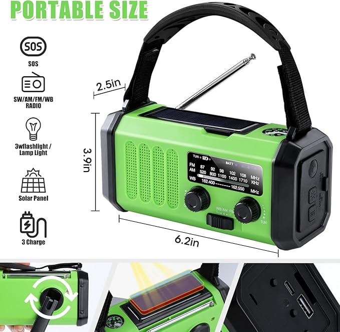 Hand Crank Emergency Radio, 10000mAh Solar Powered NOAA/AM/FM Weather Radio with Multi-Function LED Flashlight and Cell Phone Charger for Indoor/Outdoor Emergencies