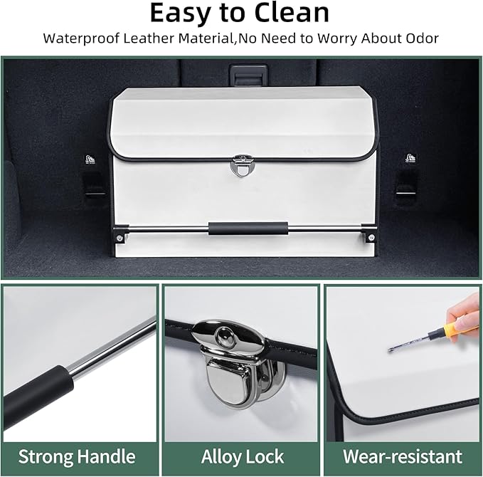 Car Trunk Organizer, Leather Collapsible Trunk Organizer for suv with Lid and Push-pull Handle Car Trunk Storage Organizer for Cars, SUV, Minivan, Truck, Sedan (White)