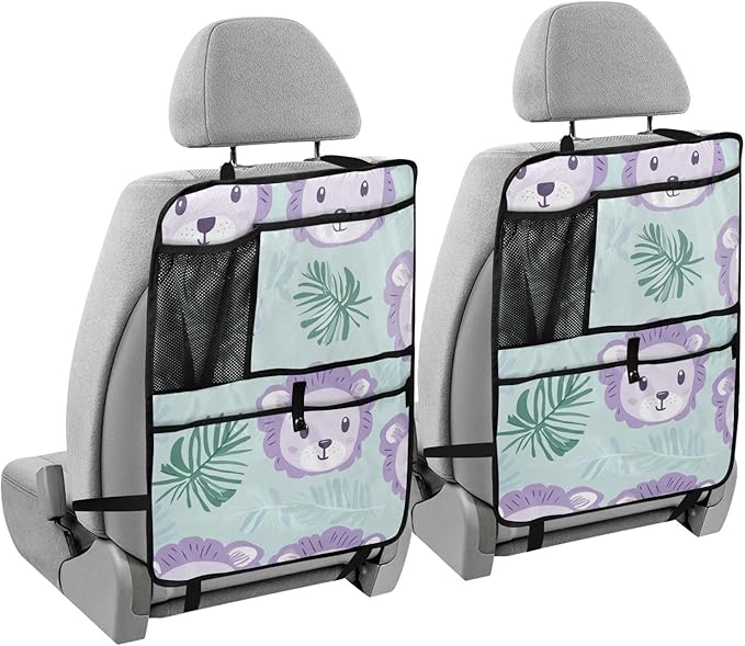 Cute Green Lion and Palm Leaves 2 Pack Backseat Car Organizer with Storage Pockets Seat Back Organizers for Kids Kick Mats Backseat Protector Automotive
