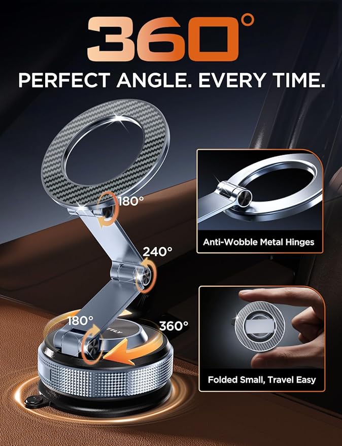 Car Phone Holder 360° Adjustable Tesla Phone Mount Foldable 2026 MagSafe Car Mount Zinc-Alloy Tesla Phone Holders for Your Car for iPhone 17 Pro Max 16 15 14 13 12 Plus, Carbon Fiber