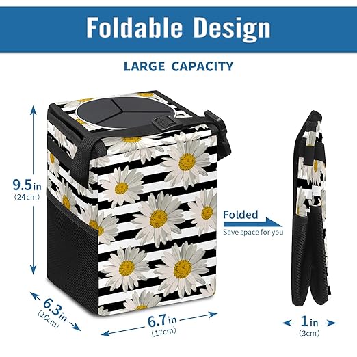 White Black Striped Daisy Car Trash Can with Lid Collapsible Reusable Waterproof Car Garage Bag,Automotive Garbage Can,Car Accessories Interior Car Organizer
