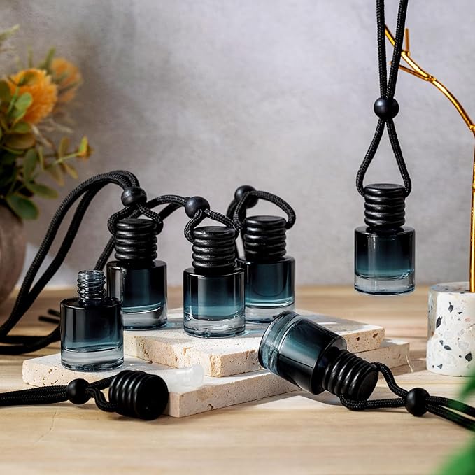 Domensi 70 Pieces Hanging Car Diffuser Air Freshener Bottle Bulk Empty Glass Refillable Perfume Bottles Oil Diffuser Aromatherapy Pendant for Auto Interior Ornaments Decor (Black)