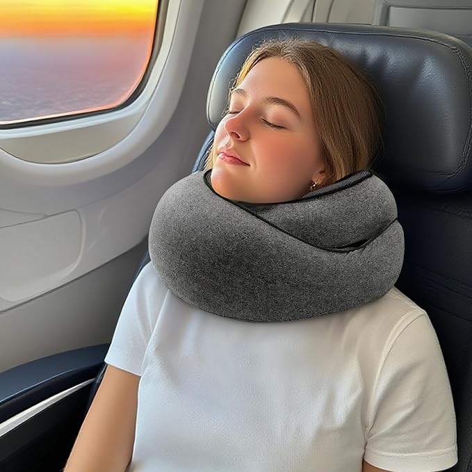 Travel Pillow for Airplane Portable Memory Foam Neck Pillows Adjustable for Car Home Office Flights Travel Essentials Accessories 360° Neck Support with Compact Case, Dark Gray