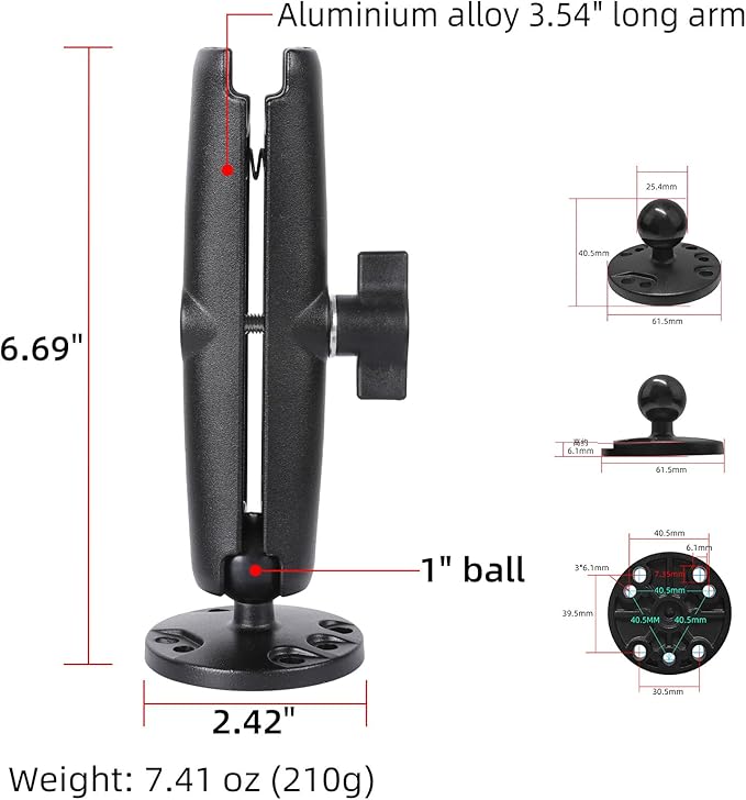1" Ball Double Socket Arm with AMPS Hole Round Plate Base, Aluminum Alloy Arm&Drill Base, Compatible with RAM Mounts 1 Inch Ball Components, for Bike Car Motorcycle Phone Mount (6.69" Length)