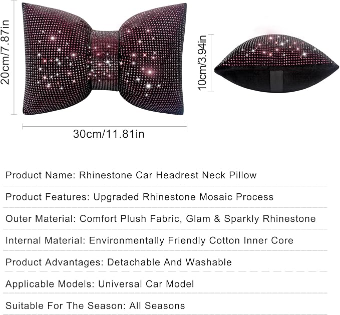 surpassme 2PCS Rhinestone Car Headrest Neck Pillow for Driving with Bling Bling Crystal Bow Pillow Car Accessories for Women (Purple)