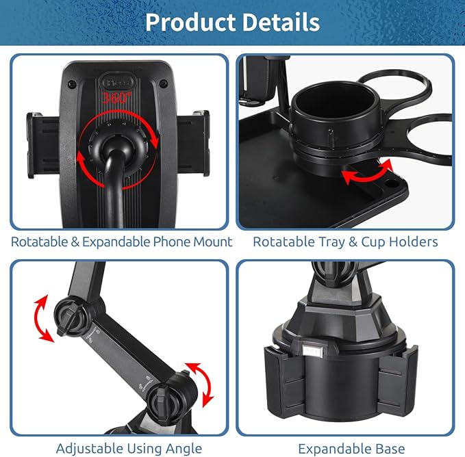 Cup Holder Tray for Car, Car Cup Holder Tray with Phone Stand, Car Table Tray, Detachable 360° Rotation, Ideal for Daily use and Road Trip Dining (1 Food Tray)