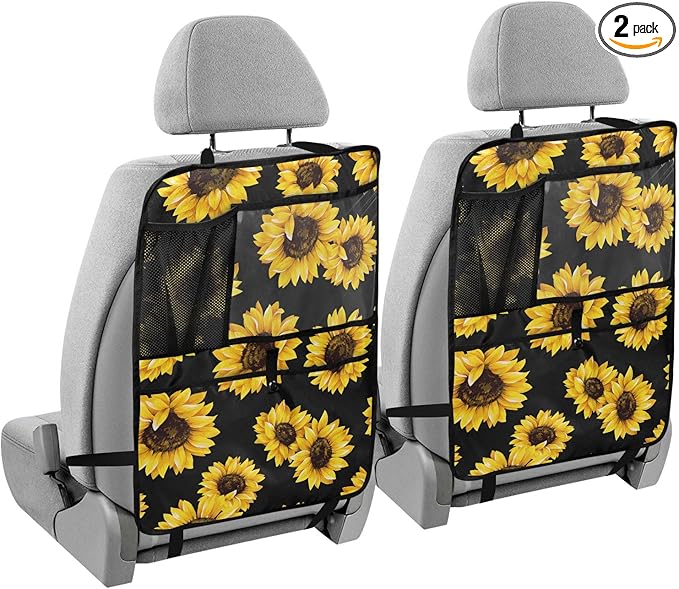 2 Pack Backseat Car Organizer with Storage Pockets Seat Back Organizers for Kids Kick Mats Backseat Protector Automotive Sunflower