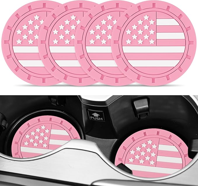 JUSTTOP Car Cup Holder Coaster,American Flag Non-Slip Insert Car Cup Coaster,Car Accessories Interior for Women and Man,4 Pack Pink