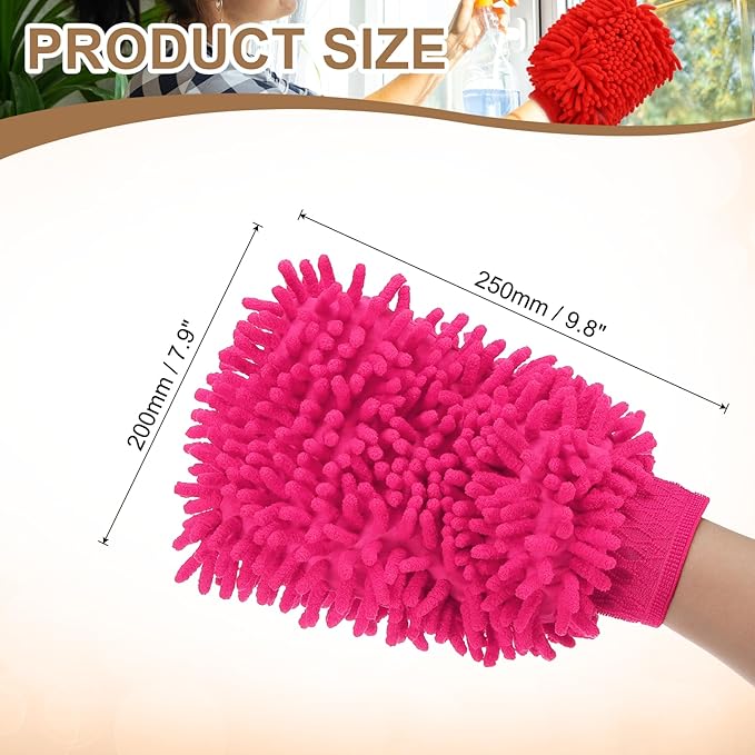 HARFINGTON Chenille Microfiber Car Wash Mitts 9.8" x 7.9" Scratch Free Wash Gloves Absorbent Double Sided Plush Cleaning Drying Mitts for Car Washing Home Rose Red