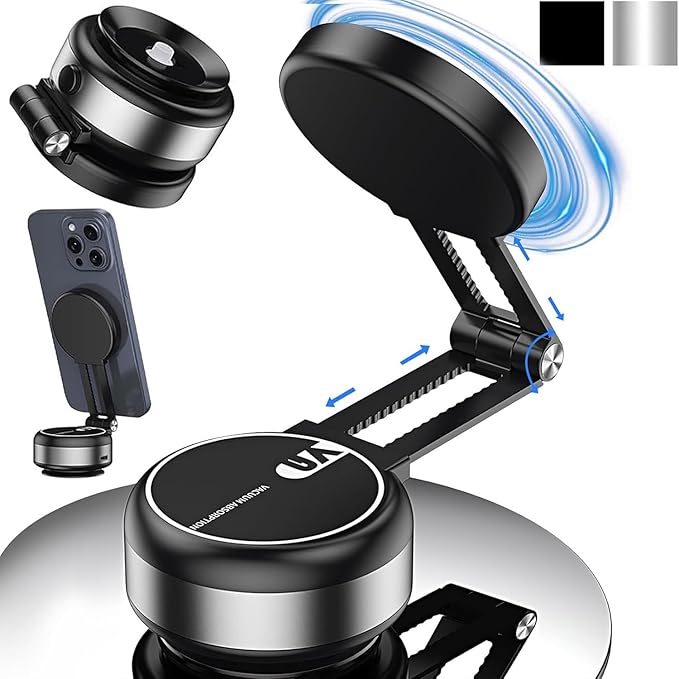 Electric Vacuum Magnetic Car Phone Mount,Vacuum Suction Car Phone Holder Hands-Free,Adjustable Foldable Magnetic Suction Cup Phone Mount,Strong Magnetic Car Mount for Smooth Surface(New-Siver)