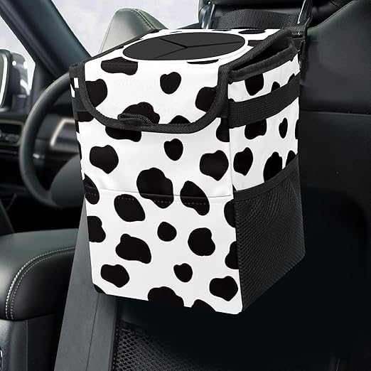Black and White Cow Print Car Trash Can with Lid Collapsible Reusable Waterproof Car Garage Bag,Automotive Garbage Can,Car Accessories Interior Car Organizer