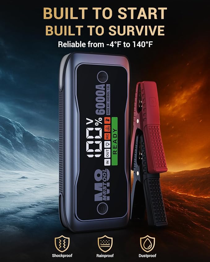MOSTOOL M8 6000A Car Battery Jump Starter with Smart HD Display PD 60W Fast Charging, 12V Battery Jump Pack, Portable Jump Box with Jumper Clamps LED Light, Rugged Kit for All Gas & Up to 12.0L Diesel