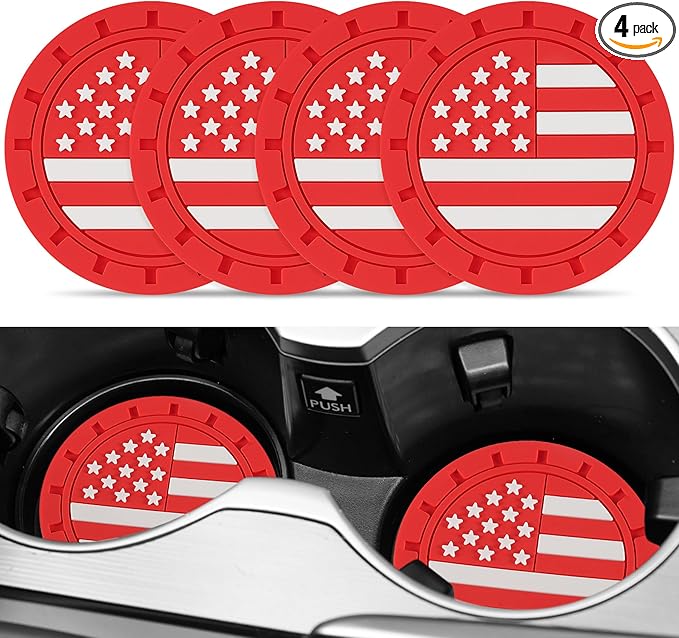 JUSTTOP Car Cup Holder Coaster,American Flag Non-Slip Insert Car Cup Coaster,Car Accessories Interior for Women and Man,4 Pack Red