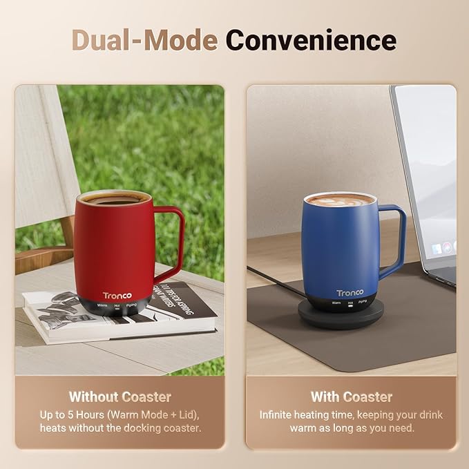 Tronco Temperature Control Heated Coffee Mug 14 oz – Rechargeable Self-Heating Coffee Mug with Lid – Manual Control, 3 Modes, 130 Min Battery Life, Auto Shut-Off (Blue)