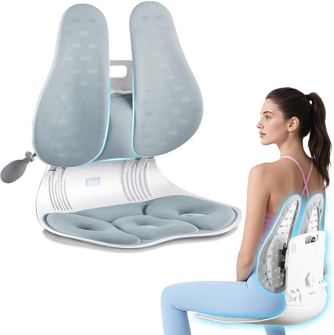 ZZWS Foldable Ergonomic Back Support with Adjustable Inflatable Lumbar Cushion, Posture Corrector for Desk Chairs, Comfortable Lumbar & Seat Cushion for Lower Back Pain Relief
