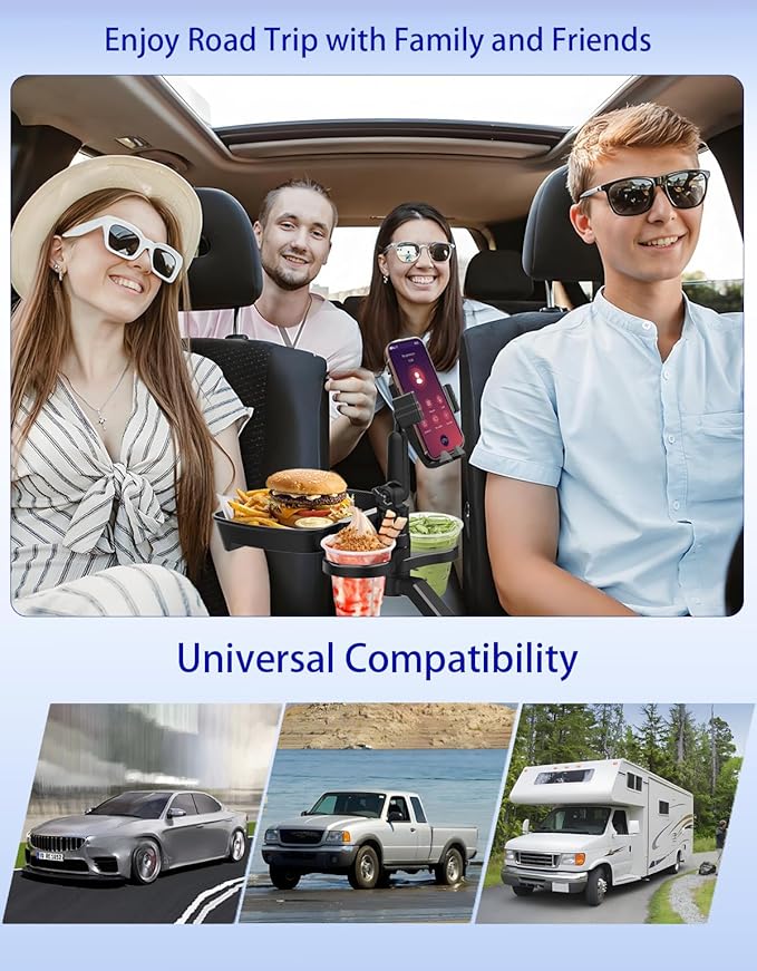 Car Cup Holder Tray - 4 in 1 Adjustable Car Cup Holder Expander with 360° Rotatable Food Tray Table and Phone Mount for Driver and Front Passenger, Automotive Road Trip Essentials