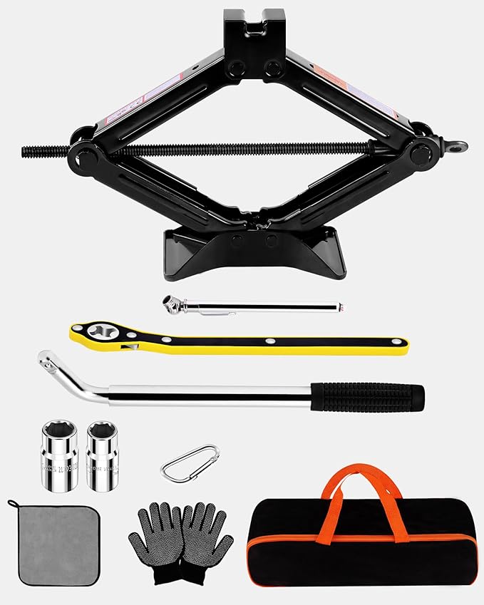 1.5-ton Scissor Jack in Your car's Roadside Emergency kit, Must-Have Spare tire Replacement Stand Tool for Your Vehicle, Telescoping Lug Nut Removal Tool, Ratchet Wrench, Tire Pressure Gauge (1.5T)