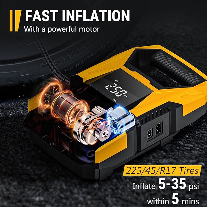 CARSUN AC/DC Tire Inflator Portable Air Compressor, Dual Power for Home 110V AC and Car 12V DC Air Pump with Pressure Gauge, Auto Shutoff, Tire Pump for Car Motorcycle Bicycle and Other Inflatables
