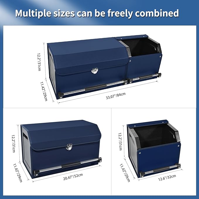 Car Trunk Organizer, Leather Trunk Organizer for SUV with Lid and Sturdy Handle Collapsible Adjustable Storage (Blue, 33 x 11.4 x 12.2in)