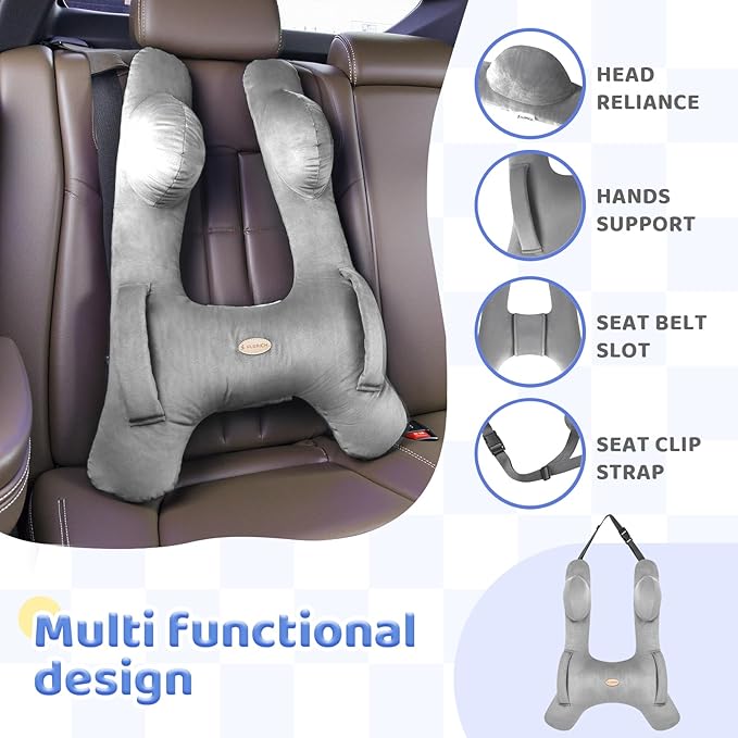 FLORICH Kids Travel Pillow, Car Sleeping Travel Pillow for Kids, Washable H-Shaped Pillow for Adults and Children to Support Head and Body for Road Trips Pillow for Car (Grey)