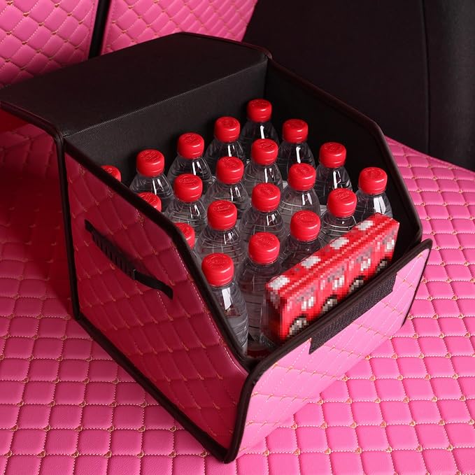 car organizers and storage for SUV,trunk organizer for sedan, leather foldable sleek box with lid,collapsible cargo bins, tool accessories containers,Pink women (12.99 inch)