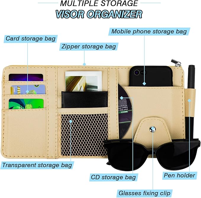 Car Sun Visor Organizer, Leather Pocket Organizer Sunglass Holder for Car Interior Accessories with Multi-Pocket Net Zipper (Beige)
