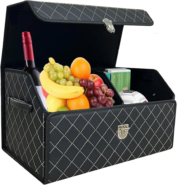 Trunk Organizer for SUV, Car Organizer Trunk Leather Storage, Cargo Storage Automotive Consoles Organizers-Multi-Compartment Adjustable Auto Grocery Storage Box