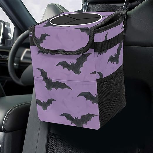 Purple Goth Bat Car Trash Can with Lid - Collapsible Reusable Waterproof Garage Bag,Automotive Garbage Can,Car Accessories Interior Organizer