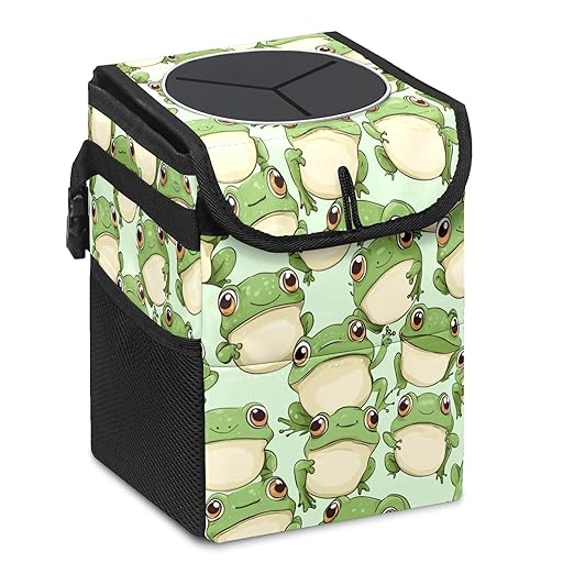 Car Trash Can with Lid & Multiple Pockets,Foldable Vehicle Garbage Bin Waterproof & Leak Proof Automotive Garbage Cans Car Accessories for Women Men Road Trip Essentials Frogs