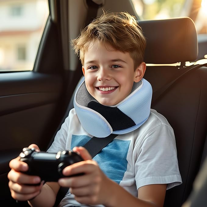 Proglobe Junior Kids Travel Neck Pillow - Ergonomic Memory Foam Pillow for Airplane, Car, Booster Seat - Soft, Washable, Compact Travel Pillow with Strap - Light Blue - Ages 4 Years and Up