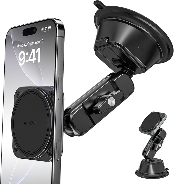 APPS2Car Heavy-Duty Vacuum Suction Phone Mount [Industrial 20x N55 Magnet, Alloy Arm, Ultra-Stable Suction Cup] for iPhone MagSafe/Samsung/Android, Magnetic Phone Holder for Car Windshield Dashboard