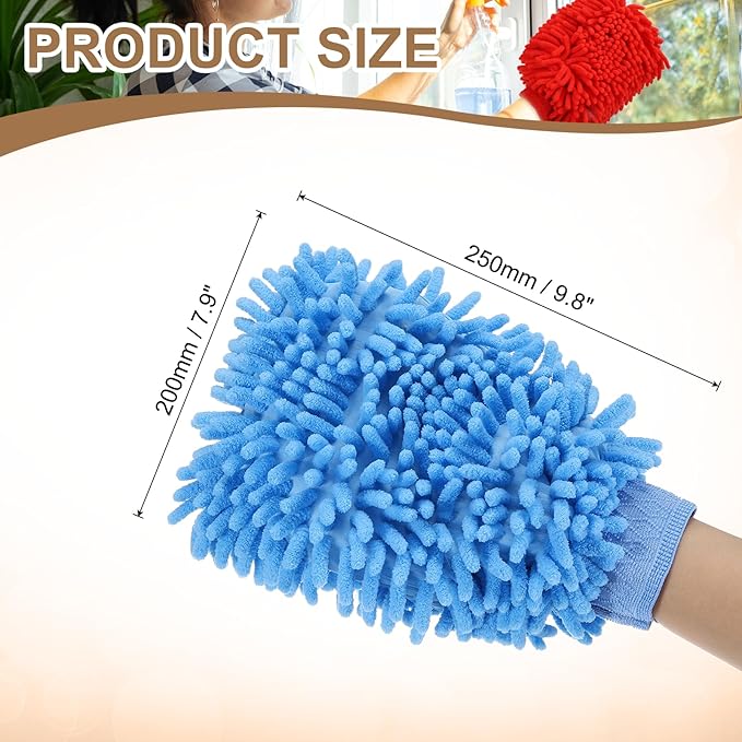 HARFINGTON 2pcs Chenille Microfiber Car Wash Mitts 9.8" x 7.9" Scratch Free Wash Gloves Absorbent Double Sided Plush Cleaning Drying Mitts for Car Washing Home Light Blue