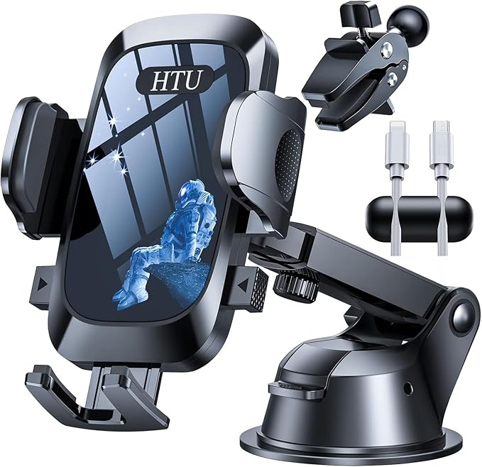 HTU [True Military-Grade] 2025 Upgraded Car Phone Holder 【Safety Certs & No Smell】 Cell Phone Holder for Car Mount for Dashboard Windshield Air Vent Long Arm Thick Case,Navy Blue