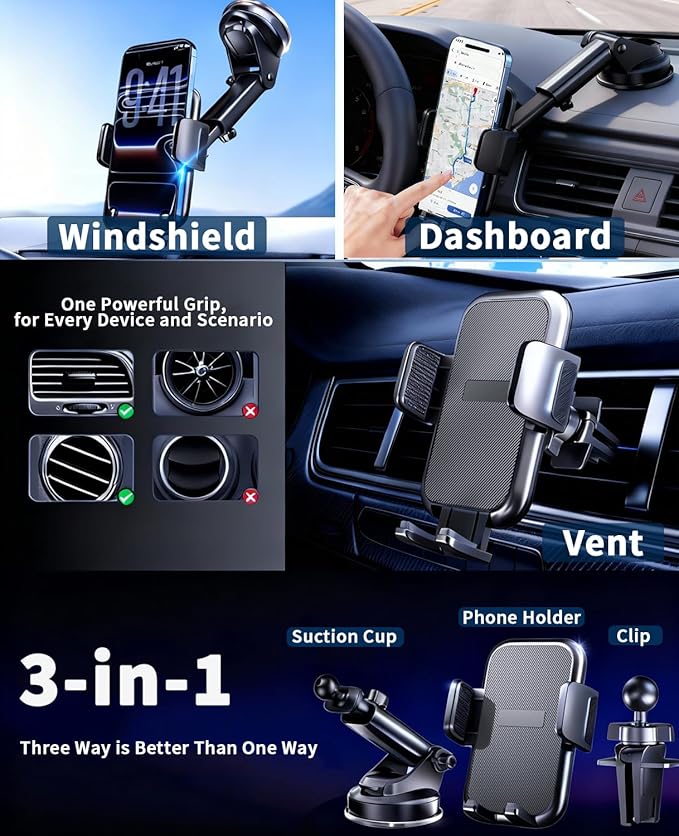 RayLink NO.1 Best Phone Holders for Your Car Ultimate Military-Grade Windshield Dashboard Vent【Upgraded Suction & Clip】 Cell Phone Mount with Patent & Safety Certs for iPhone 17 Pro Max 16 15 Samsung