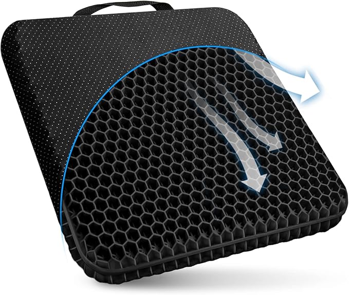 Gel Seat Cushion, for Long Sitting -Double Thick Gel Seat Cushion Breathable Honeycomb Chair Cushion with Non-Slip Cover for Office Chair Car, Wheelchair, Long Trips,Relief Sciatica Pain