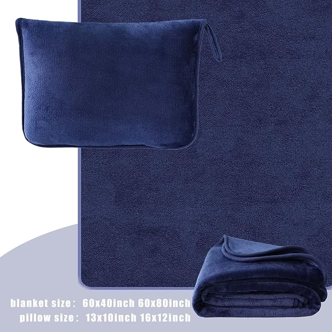 Travel Blanket and Pillow - Premium Soft 2 in 1 Airplane Compact with Soft Bag Pillowcase, Plane Blanket Compact Packable, Travel Essentials Accessories for Plane and Car, 60x80 Navy