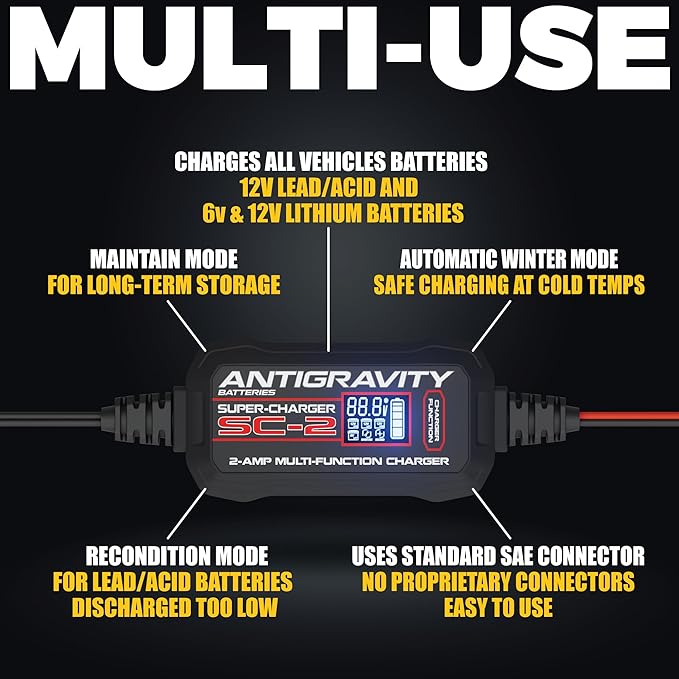 Antigravity Super-Charger – 2-Amp 6V/12V Multi-Function Battery Charger & Maintainer for Lithium (LiFePO4) and Lead/Acid Batteries, LCD Display, Auto Winter Mode, Recondition Feature