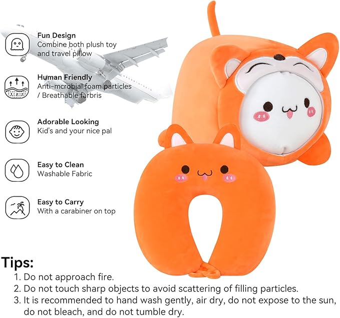 Kids Travel Pillow - 2-in-1 Deformable Kids Neck Pillow for Traveling, Soft U-Shaped Pillow with Adorable Animal Design, Comfy Sleep and Play, Ideal for Airplanes and Traveling (QQ Orange Fox)