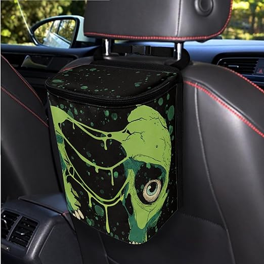 1.2 Gallons Car Trash Bag Hanging, Spider Webs Skeletons Car Garbage Bags, Adjustable Hanging for Tail of Console of Seats, Odor-Free with Zipper Leak-Proof Lid Design
