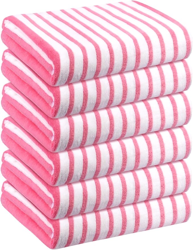 JML Microfiber Beach Towels, Cabana Stripe Large Bath Towel Set 6 Pack, 27" x 55" - Absorbent Quick Dry, No Fading, No Linting for Hair Wrap, Sauna, Pool, Sport, Yoga, Camping, Swimming, Pink
