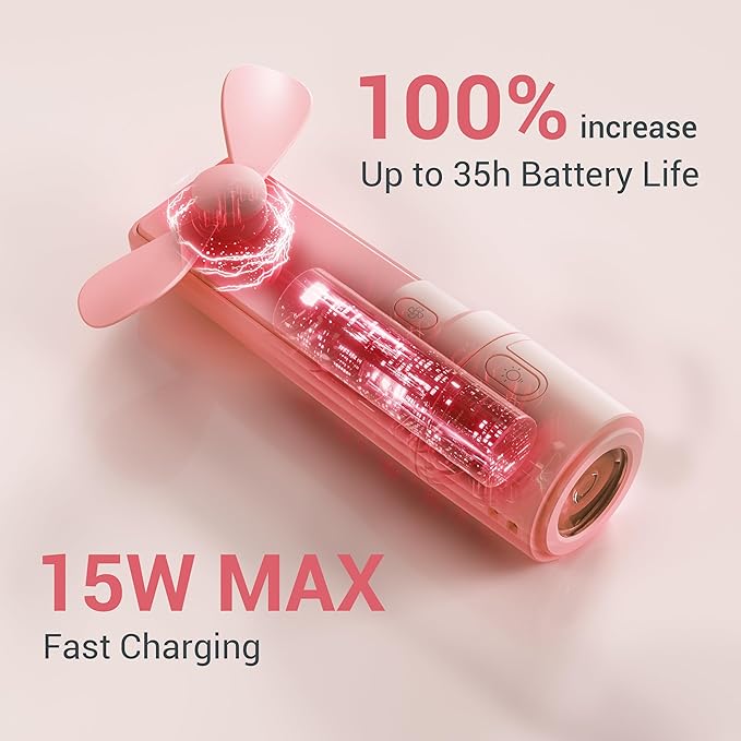 Airluxe Mini 3-in-1 Portable Fan Rechargeable- Handheld Fan with 35-Hour Battery Life, Fast Charging Power Bank&Flashlight- Personal Fan for Travel, Vacation, and Festival Essentials Pink