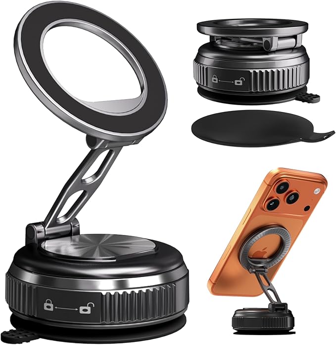 Car Phone Holder for Magsafe, 360° Adjustable Foldable Car Mount [108LBS Strongest Suction & 2800gf Magnetic] Portable for Car/Gym/Mirror Mount/Daily Stand for iPhone and All Smartphones, Black