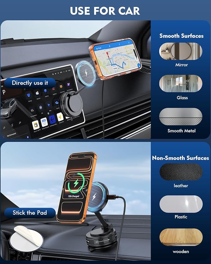 Wireless Car Charger, MagSafe Car Mount Charger [15W Magnetic Fast Wireless Charging] 360° Adjustable Phone Holder Compatible with iPhone 17 16 15 14 13 12 11 X/XS, Samsung S23 Ultra S22 S21 S20/S10+
