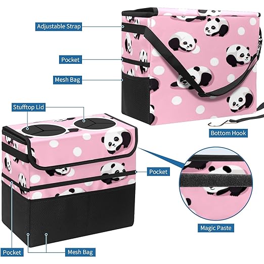 Car Trash Can with Lid, Portable Hanging Automotive Garbage Bin for Vehicles, Leakproof Waste Bag Container for SUV Truck Van Interior Auto Travel Road Trips(Panda)