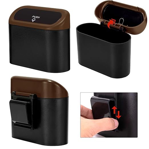 Ginsco Mini Car Trash Can with Lid, Small Car Garbage Can, Cute Leakproof ABS Car Trash Bin, Car Accessories for Interior, Garbage Bin for Car, Home, Office with 60pcs Trash Bags Black/Brown