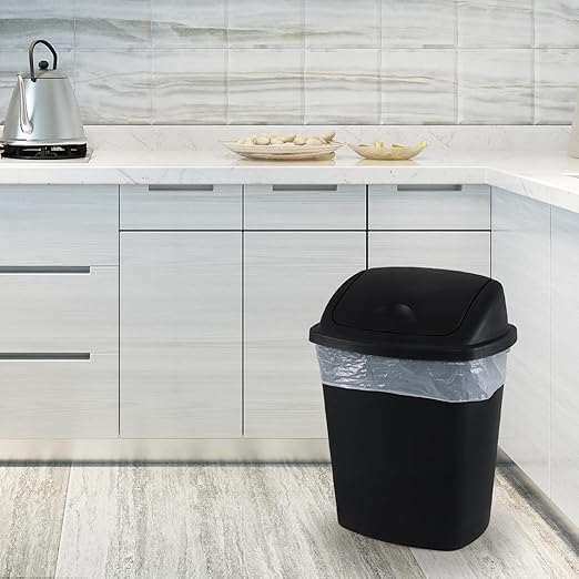 10 Gallon Plastic Swing Lid Trash Can, Black Swing Top Garbage Can, Kitchen Waste Bin, 4 Packs